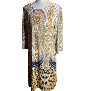 Chico's Ornate Baroque & Leopard Print Midi Shift Dress, Gold, Size Large/XL
